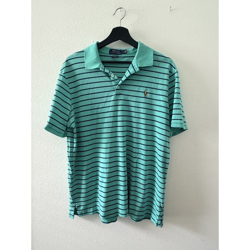 Polo Ralph Lauren Mens L Classic Fit Polo Shirt Turquoise Blue Striped Short